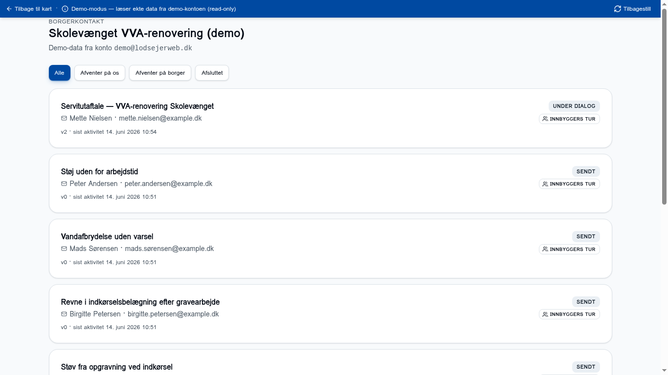 Skærmbillede af borgerkontakt-modulet med sagsliste og status-tags som ‘Under dialog’, ‘Sendt’ og ‘Innbyggers tur’